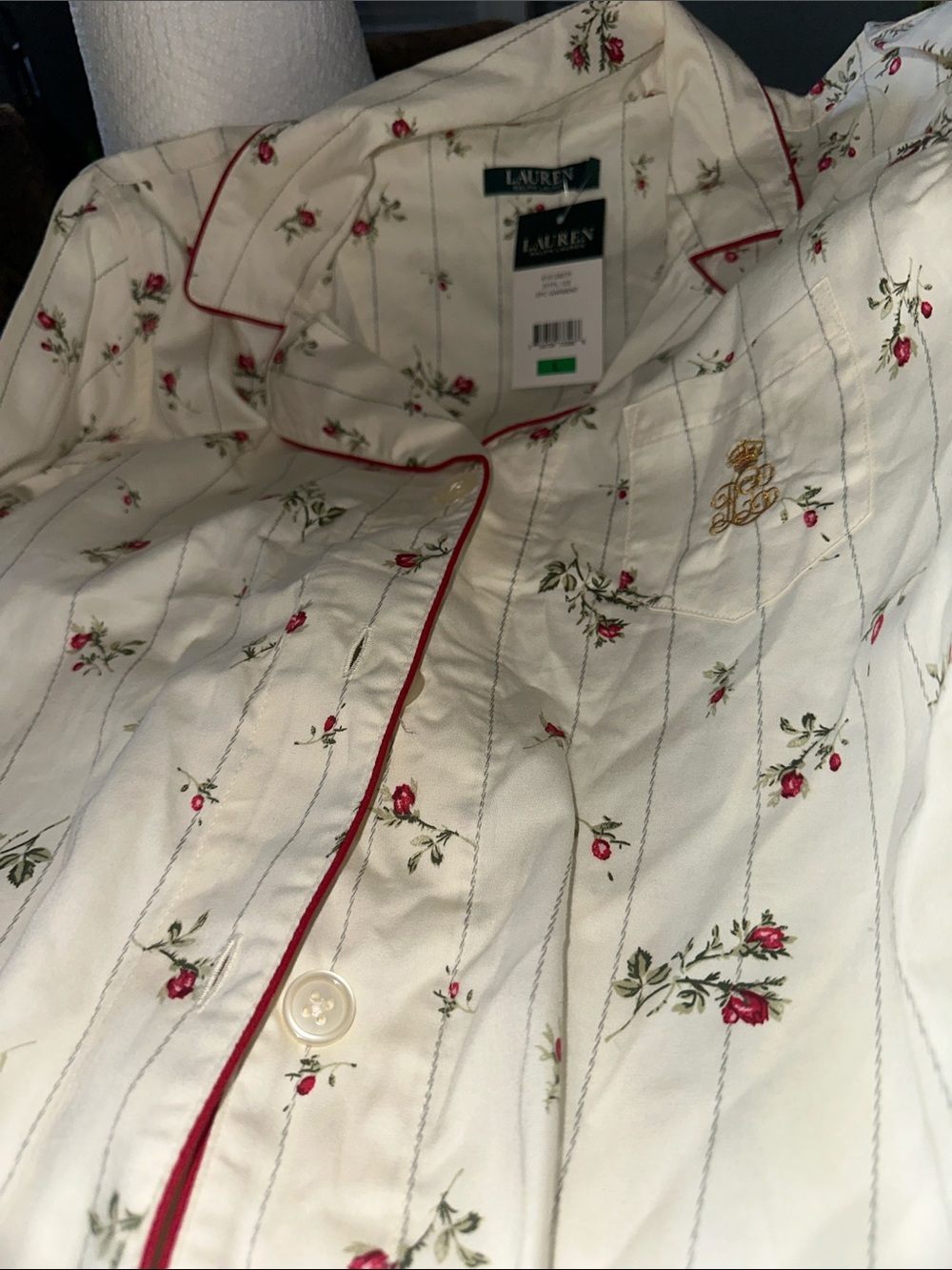 Lauren Ralph Lauren Cream Floral Button-Down Shirt with Red Piping